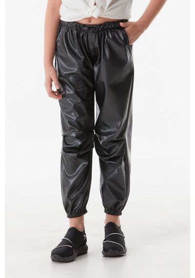 Fullamoda Suni Deri Beli Lastikli Jogger Kız Çocuk Pantolon- Siyah 24MCCK7336204244-Siyah