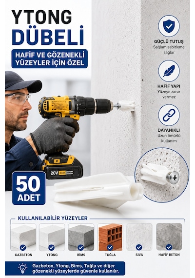50 Adet Ytong Dübeli Gazbeton, Bims Ve Gözenekli Yüzeyler İçin Güçlü Tutuşlu Plastik Dübel