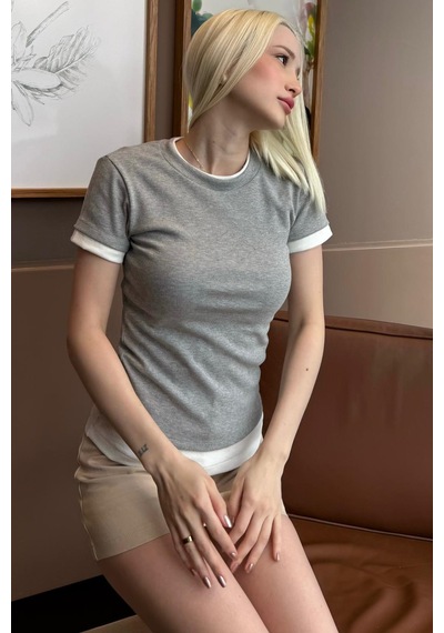 Gri Bisiklet Yaka Çift Renkli Basic Tişört Mg2682 Gri
