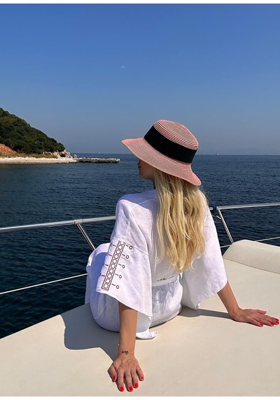 Mayovera Kimono - Nakışlı Beyaz %100 Keten Plaj Elbisesi Beyaz