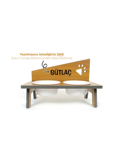 Kedi&köpek Mama Kabı Standı-özel İsim Baskılı-pençe Model-suya Dayanıklı-ceviz-beyaz Seramik-2 400ml
