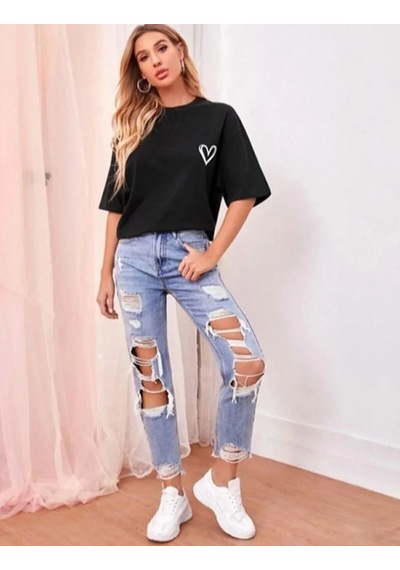 Kadın Tişört Bisiklet Yaka Baskılı Oversize T-shirt - Siyah