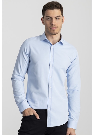 Tudors Slim Fit Dar Kesim Armürlü Erkek Gömlek-18111 Mavi