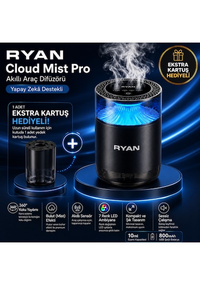 Cloud Mist Pro Akıllı Araç Difüzörü 360 Koku Yayılımı Nano Mist Teknolojisi 7 Renk Led 800 Mah Şarjlı Ekstra Kartuş li