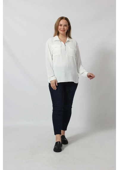 Moda Berray 3055 Yaka Fermuarlı Yandan Yırtmaçlı Gömlek Beyaz