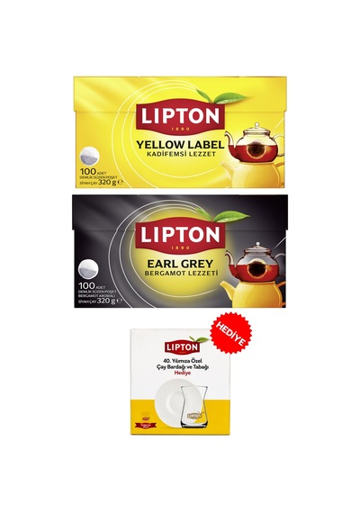 Lipton Yellow Label Demlik Poşet Çay 100lü + Earl Grey Demlik Poşet Çay 100lü + Lipton 40. Yıl Tekli Çay Bardağı Hediyeli