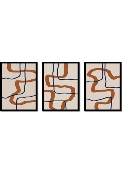 Turuncu Siyah Line Art Üçlü Çerçeveli Mdf Tablo Seti-173812