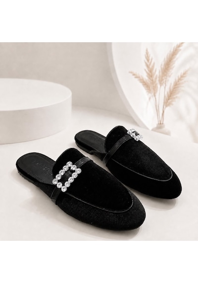 Dabab Shoes Marıgold Kadın Taşlı Tokalı Siyah Kadife Görünümlü Kapalı Burun Düz Taban Mule Terlik