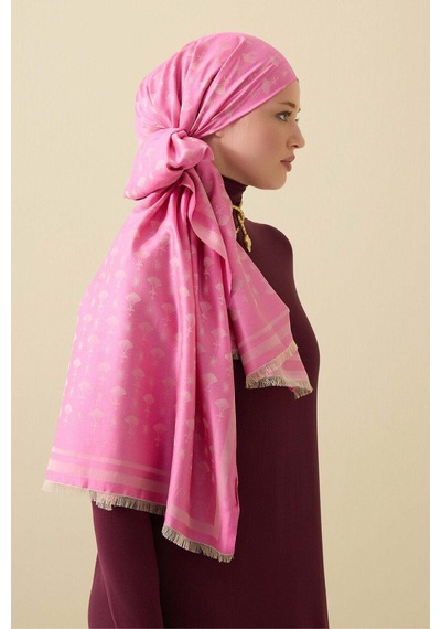 Imannoor Karanfil Monogram Pembe İpek Şal 68x200 Pembe