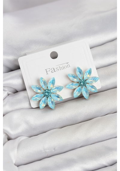 Buz Mavisi Renk Kristal Taşlı Lotus Çiçek Model Kadın Küpe Mavi