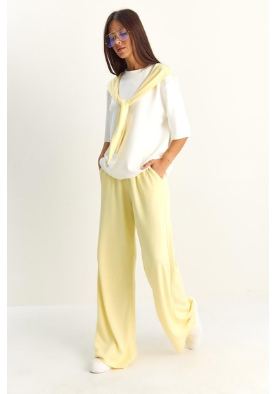 Shade Kadın Şal Detaylı Basic T-shirt Beli Lastikli Bol Pantolon Alt-üst Modal Takım 4116 60286084 - Sarı-beyaz Çok Renkli