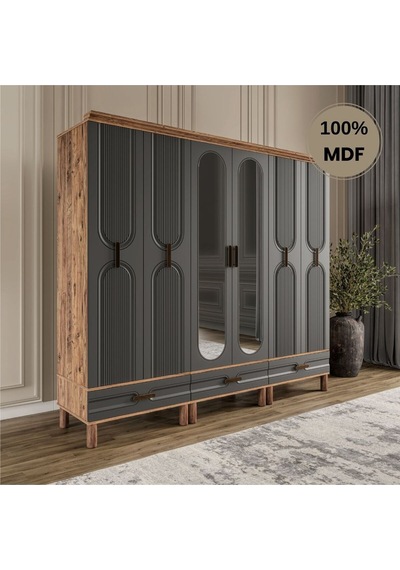 Zen 6 Kapak Ayaklı Tasarım Country Mdf Gardırop Antrasit
