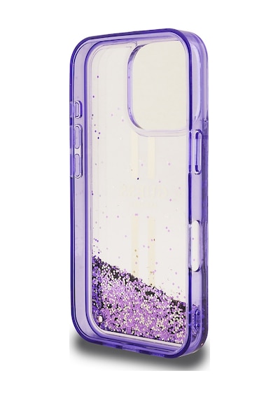 Apple Uyumlu iPhone 16 Pro Max Kılıf Guess Lisanslı Transparan Sıvılı Simli Altın Çizgili Kapak Mor