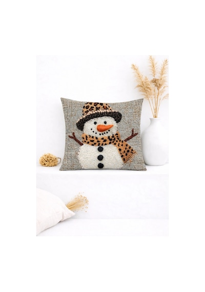 Leopar Detaylı 3d Kardan Adam Dekoratif Kırlent Kılıfı 45x45 Cm Gri