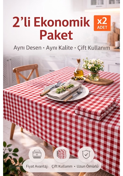 2'li Paket Küçük Kare Desen Pötikareli Masa Örtüsü, Sofra Bezi, Piknik Örtüsü 170 X 170 Cm Kırmızı