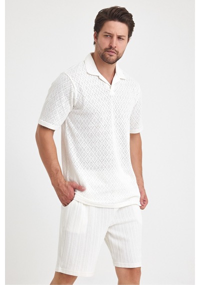 Tarz Cool Erkek Jakarlı Baklava Desenli %100 Pamuk Polo Yaka T-shirt Beyaz