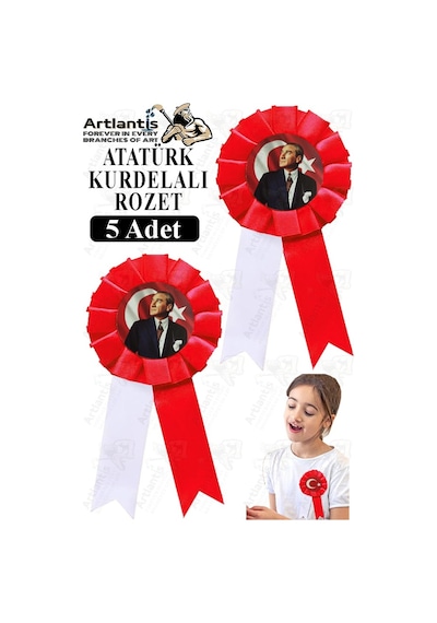 Atatürk Kurdelalı Rozet 5 Adet Kırmızı Beyaz Yaka Rozeti Çocuk Bayram Etkinlik 15 Cm Kokart