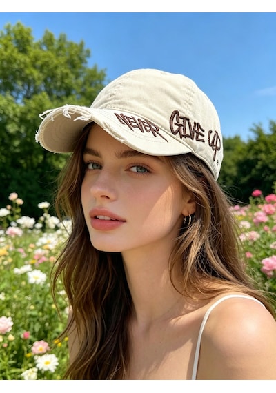 Valkyrie Unisex Krem Never Give Up Nakışlı Baseball Şapka Ayarlanabilir Vintage Streetwear Spor Kep