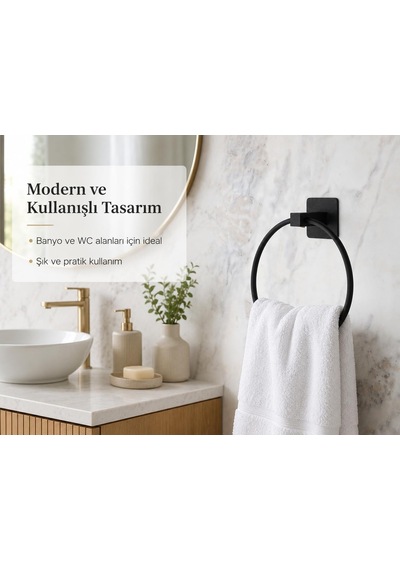 Siyah Kare Yuvarlak Havluluk, Yapışkanlı Ve Vidalı Montajlı Duvara Monte Halka Havlu Askısı, Mat Siyah Banyo Akse Çok Renkli