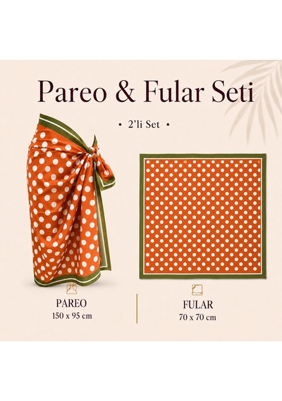 Tarzını Seç Premium Turuncu Beyaz Puantiye Desenli 2 Li Kısa Pareo Ve Bandana Seti 150x95 Cm / 70x70 Cm