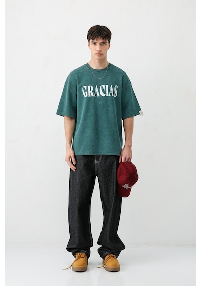 Vamos Oversize Baskılı Tişört V70-143 Yeşil