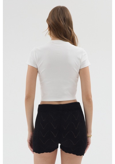 Urbantrendstore Kadın Bisiklet Yaka Likralı Kısa Kol Body Crop Bluz Günlük Şık Sade Yazlık Casual Crop Kadın Crop Beyaz