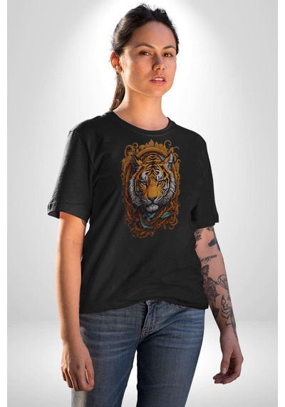 Kaplan Süs Unisex Unisex Siyah Organik Baskılı T-shirt Penye Yüksek Kalite Siyah