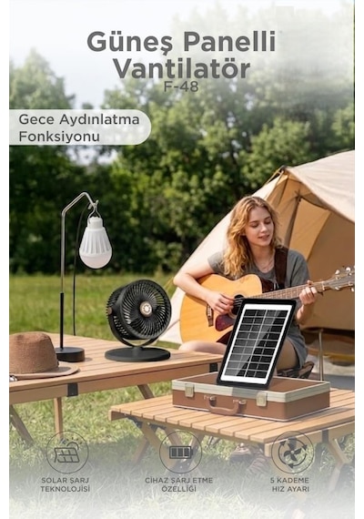 Torima F48 Şarjlı Ampüllü 5 Kademeli Taşınabilir Güneş Panelli Vantilatör