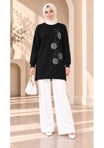 Unika Boutique Kadın Daire Taş Detaylı Uzun Sweatshirt Tunik Çok Renkli