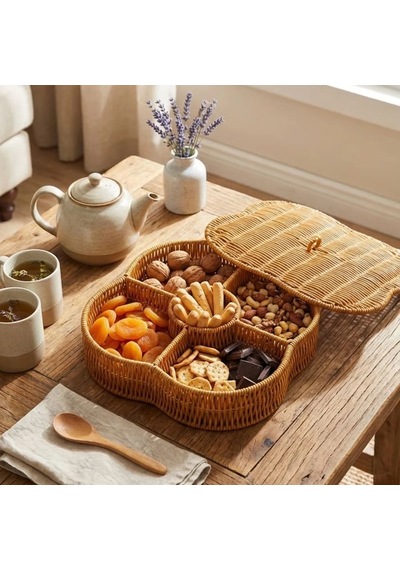 Kapaklı 5 Bölmeli Plastik Rattan Organizer Kutu Hasır Desenli Çok Amaçlı Saklama Ve Sunum Sepeti Ç Çok Renkli
