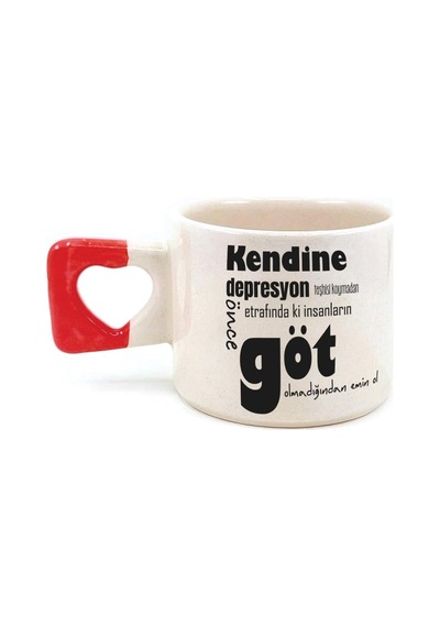 Kendine Depresyon Teşhisi Koymadan Önce Baskılı Kırmızı Kulplu Kalp Kupa