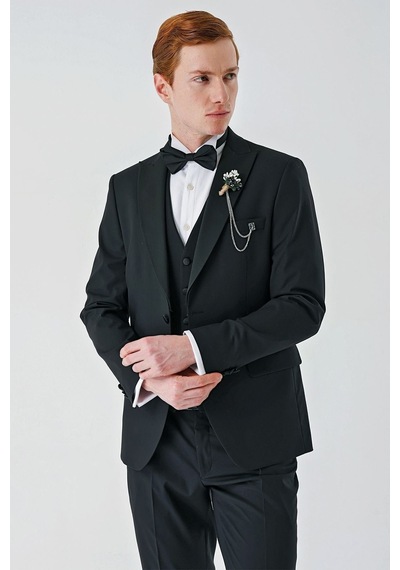 İmza Siyah Çıkarılabilir Kırlangıç Yaka Yelekli Likralı 6 Drop Slim Fit Smokin Damatlık 1001240200-Siyah İmza Siyah Çıkarılabilir Kırlangıç Yaka Yelekli Likralı 6 Drop Slim Fit Smokin Damatlık 1001240200-Siyah