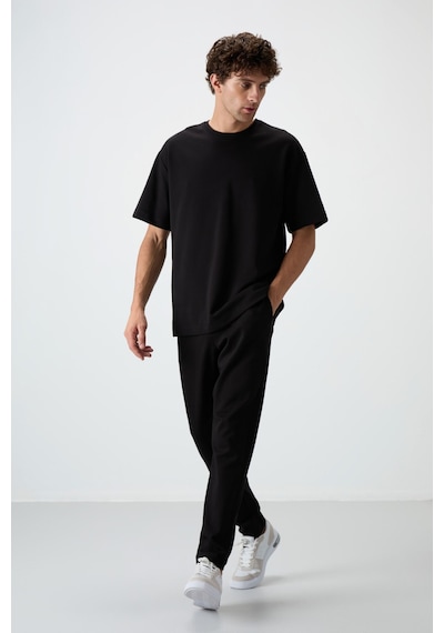 Tommy Life Siyah Pamuklu Kalın Yumuşak Dokulu Oversize Fit Basic Erkek Eşofman Takım - 85251 Siyah