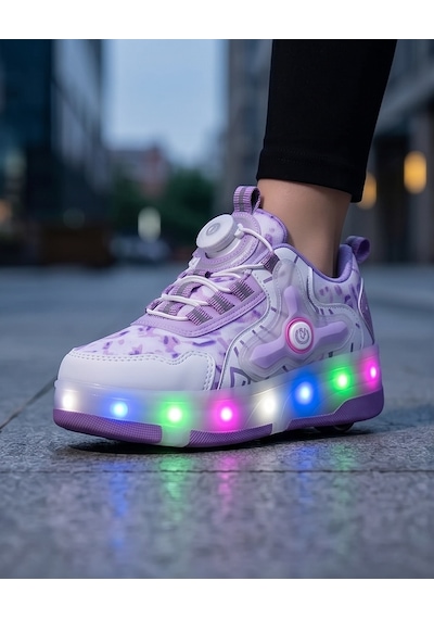 2256-n-drops Led Işıklı Çift Tekerlekli Akıllı Bağcıklı Unisex Çocuk Patenli Ayakkabı Beyaz - Lila