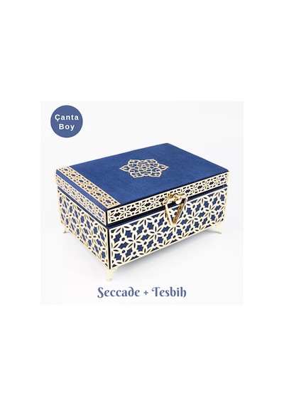 Desenli Kutu Çeyizlik, Seccade + Tesbih + Kuran Hediye Seti Çanta Boy, Kadife, Lacivert, Elif-vav Lacivert