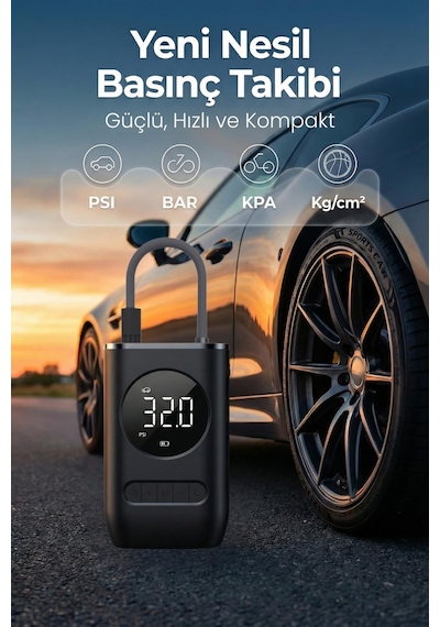 Embatech Hava Pompası 150 Psı 4000mah Led Işıklı Lcd Ekranlı Taşınabilir Şarjlı Hava Kompresör Araç Lastik Şişirici