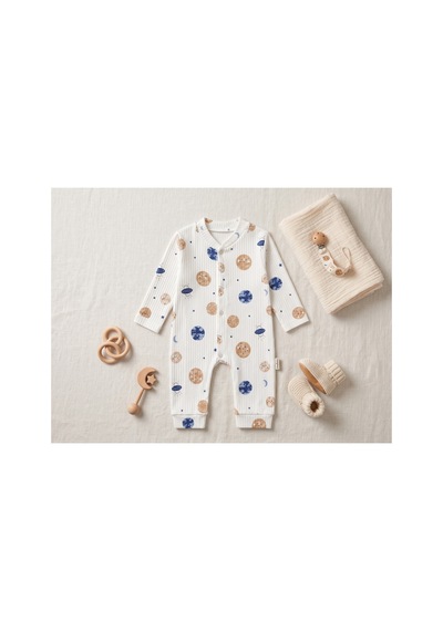 Deniva Kids Erkek Bebek Gezegen Desenli Fitilli Kaşkorse Boydan Çıtçıtlı Pamuklu Tulum Beyaz