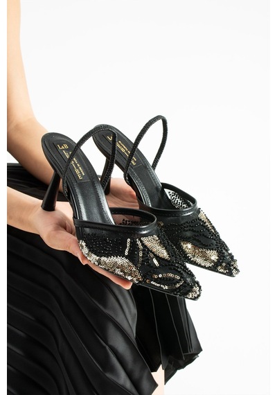 Lebibe Shoes Perıe Siyah Kadın 7 Cm Topuklu Pullu Payetli Bantlı Abiye Gelin Düğün Ayakkabısı Terliği