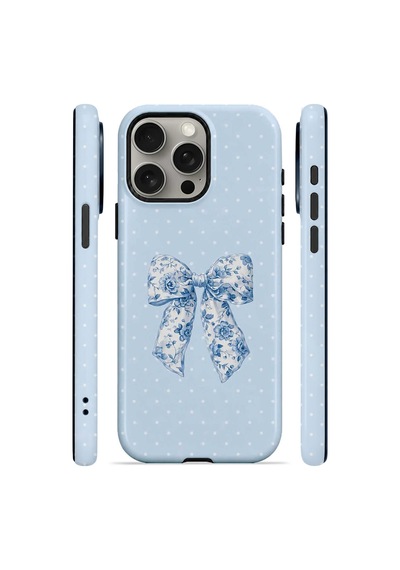 Velvoria Valestra Blue Toile Bow Apple iPhone Uyumlu 15 Pro Darbe Korumalı Kılıf Valestra Select - Blue Toile Bow