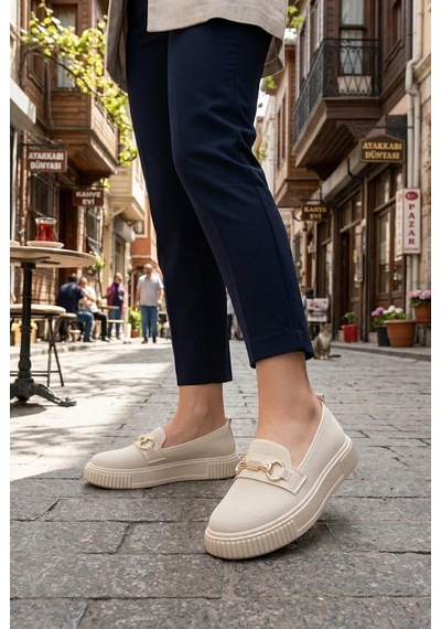 Fort Ventes 346415 Rahat Taş Toka Aksesuarlı Triko Loafer Kadın Ayakkabı Bej