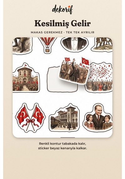 Atatürk Sticker Seti 100 Adet - 29 Ekim Cumhuriyet Bayramı Türk Bayrağı Vintage Ajanda Çıkartma Çok Renkli