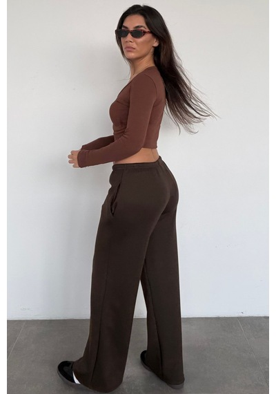 Kahverengi Geniş Paça Barrel Fit Eşofman Altı Mg2646 Kahverengi