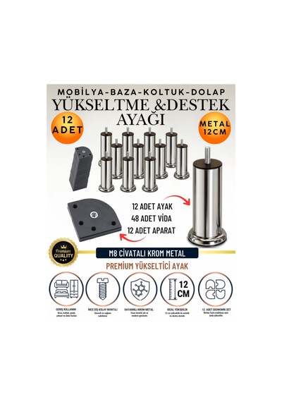 24'lü Set 12 Adet Ayak Ve Aparat 12 Cm M8 Vidalı Metal Krom Ayak Mobilya Ayağı Baza Ayağı Kanepe Ayağı Koltuk Ayağı Yatak Ayağı Yükseltme Ayağı Dolap Ayak Sehpa Sandık Ayakları Değişim Destek Ayağı Krom Krom 24'lü Set 12 Adet Ayak Ve Aparat 12 Cm M8 Vidalı Metal Krom Ayak Mobilya Ayağı Baza Ayağı Kanepe Ayağı Koltuk Ayağı Yatak Ayağı Yükseltme Ayağı Dolap Ayak Sehpa Sandık Ayakları Değişim Destek Ayağı Krom Krom