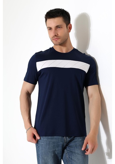 Erkek İki Renk Parçalı Bisiklet Yaka T-shirt - Pamuklu Tişört Lacivert