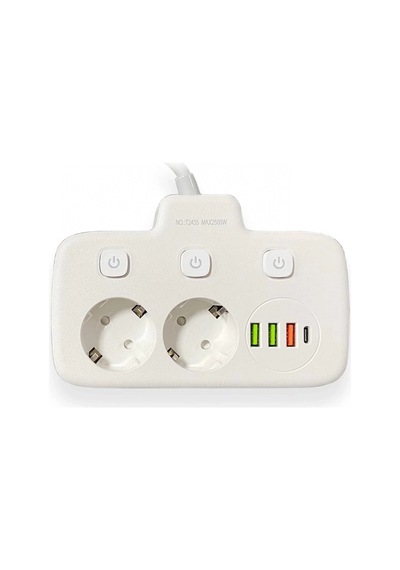 Akım Korumalı 2 Li Ayrı Anahtarlı Priz, 2x Priz, 3x Usb, 1x Type-c, 2 Mt Kablo, Hızlı Şarj Standart