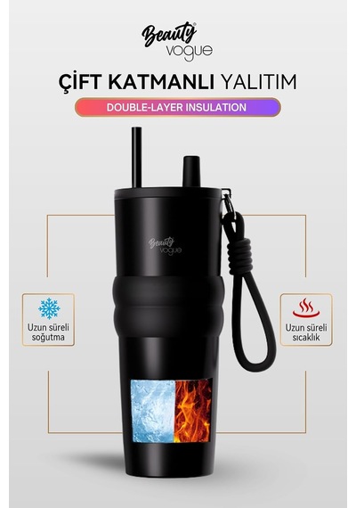 Lüks Çelik Termos Bardak - Çift Yalıtımlı Pipetli Mug - Mat Siyah-sıcak-soğuk Çok Renkli