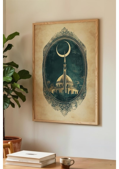 Yeşil Kubbeli Camı Ve Kabe Temalı Tekli Ahşap Tablo - Siyah Ahşap Çerçeveli Ev Ve İş Yeri Tablosu