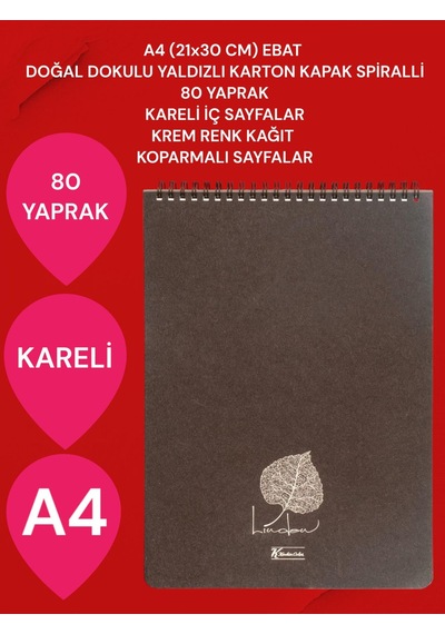 Kareli A4 21x30 Cm 80 Yaprak Karton Kapak Spiralli Krem Renk Sayfalar Üstten Açılır Linden Kahverengi