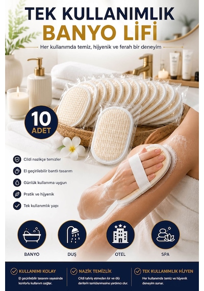 10 Adet Tek Kullanımlık Banyo Lifi 10x15 Cm Hijyenik El Geçirmeli Duş, Spa, Otel Ve Seyahat Lifi