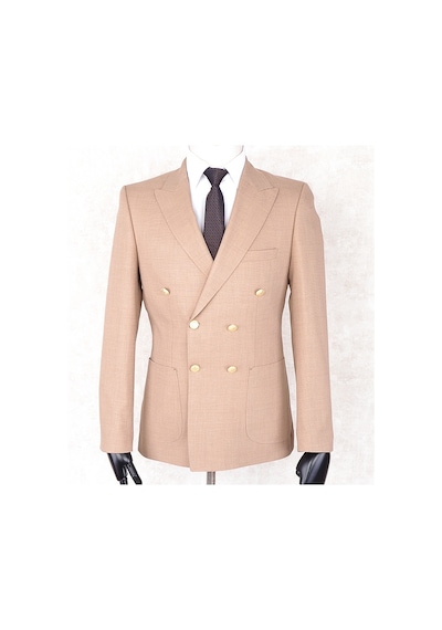 Jan Carlucci Yazlık Kruvaze Yarım Astar Metal Düğme Slimfit Drop 6 Ceket Açık Somon Rengi Camel